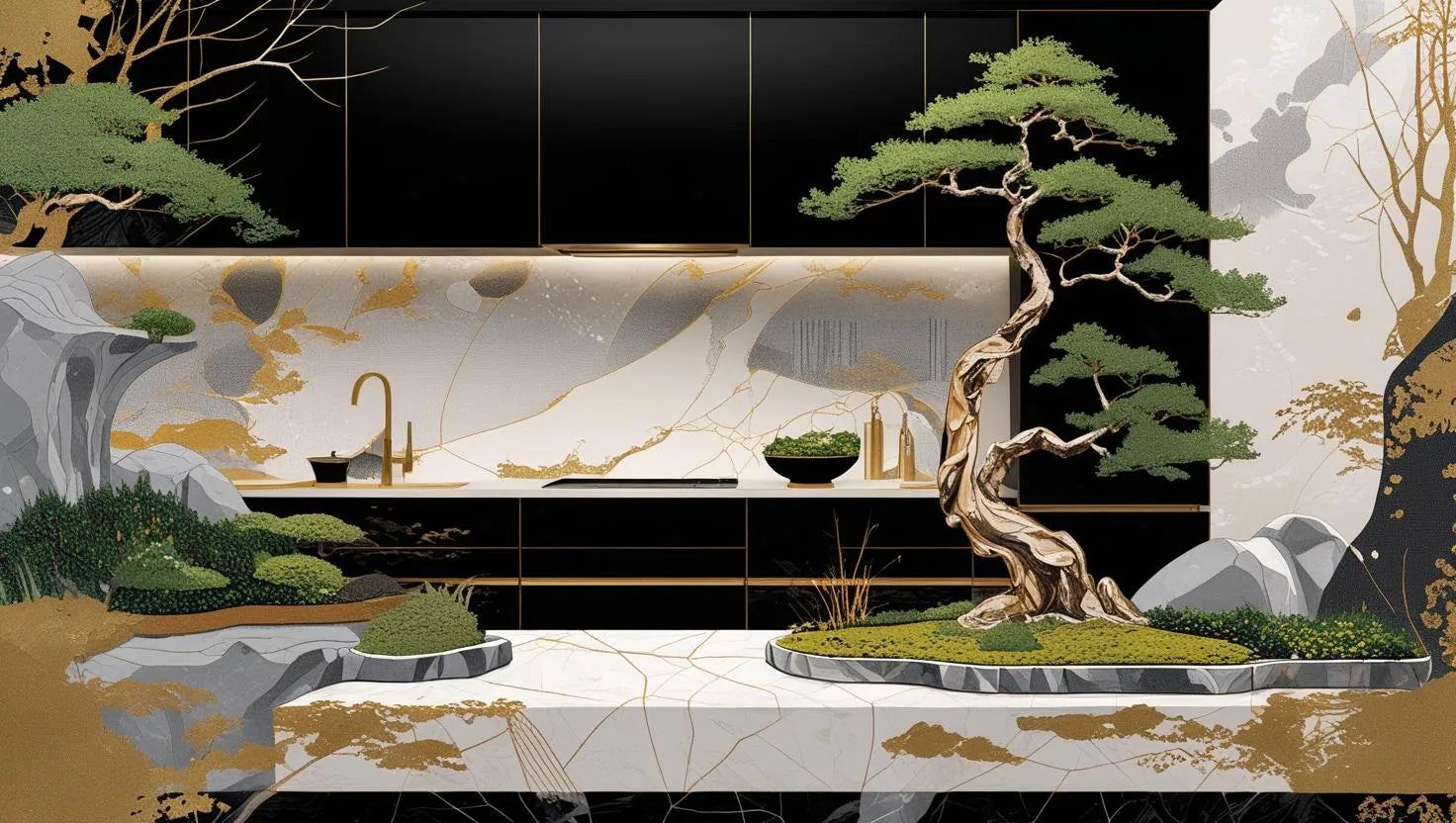 Luxury kitchen with bespoke decorative glass backsplash and golden bonsai art, featuring elegant black cabinetry and marble countertops.