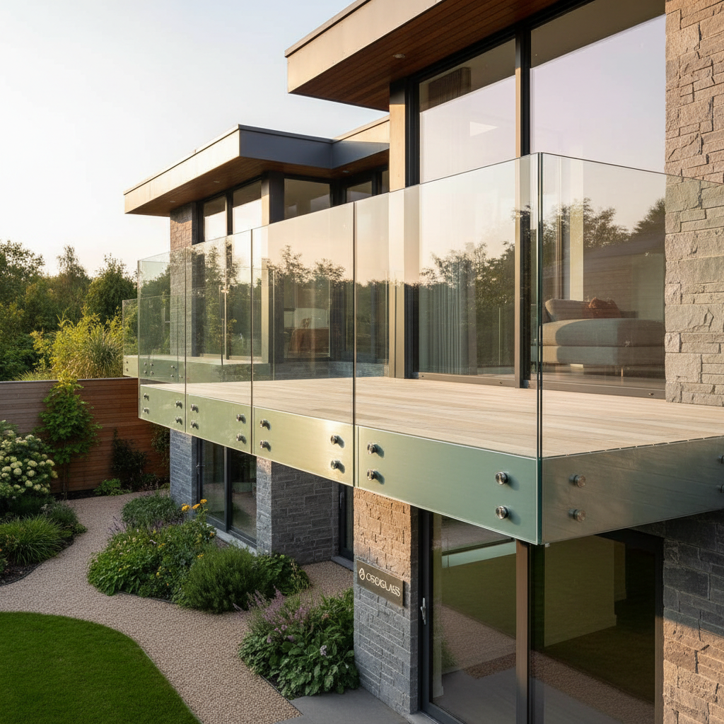 Modern glass balustrade on luxury residential balcony with sleek design and garden view
