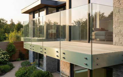 Modern glass balustrade on luxury residential balcony with sleek design and garden view