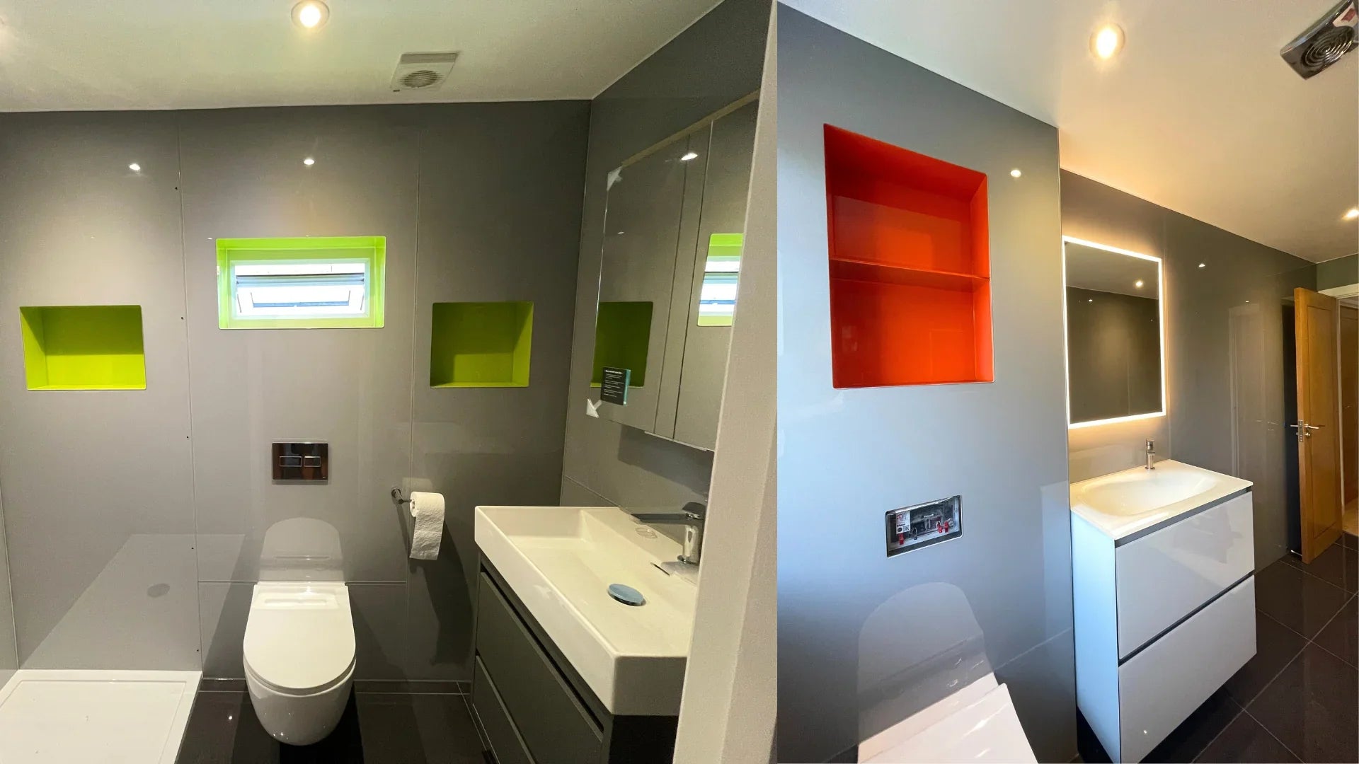 Modern bathroom with grey glass splashback, vibrant green & orange recessed shelves, and sleek white vanity