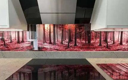 Bespoke LED backlit glass kitchen splashback with forest design, modern luxury interior