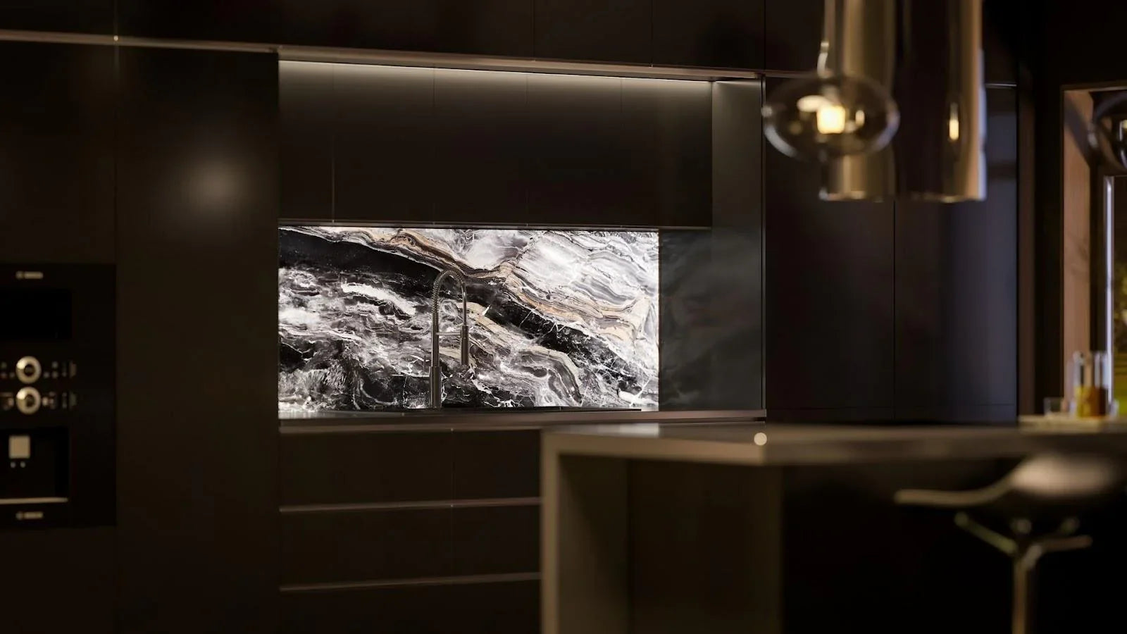 Luxury kitchen with marble-effect glass splashback, modern black cabinets, and under-cabinet lighting