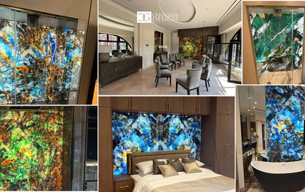 Bespoke LED backlit glass art installations for luxury interiors, featuring vibrant abstract designs in bedrooms, bathrooms, and reception areas.