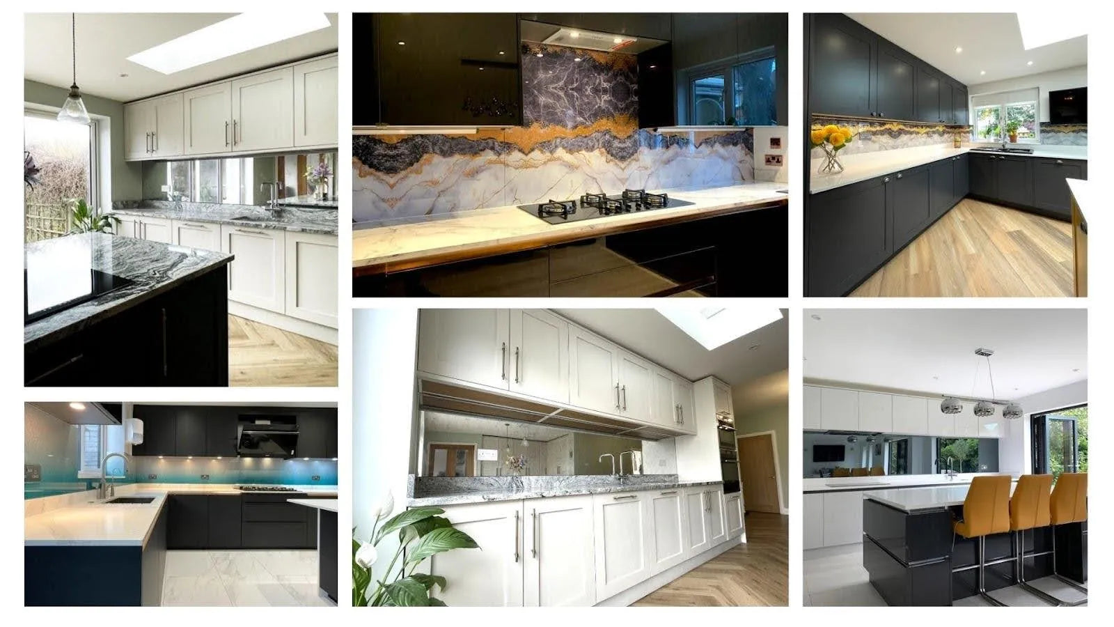 Modern kitchens with bespoke glass splashbacks, marble countertops, and sleek cabinetry in London homes