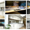 Modern kitchens featuring bespoke glass splashbacks, feature mirrors, and decorative glass designs for luxury homes