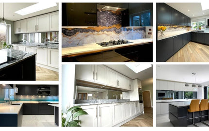 Modern kitchens featuring bespoke glass splashbacks, feature mirrors, and decorative glass designs for luxury homes