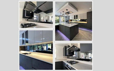Modern kitchen designs with sleek glass splashbacks, island lighting, and premium finishes for London homes