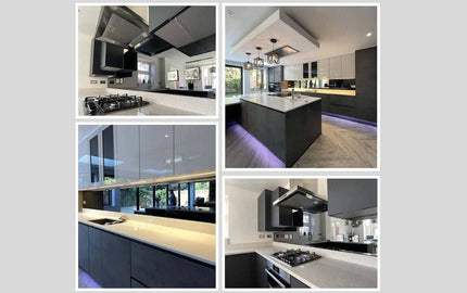 Modern luxury kitchen with sleek glass backsplash, LED lighting, and bespoke glass features for residential design