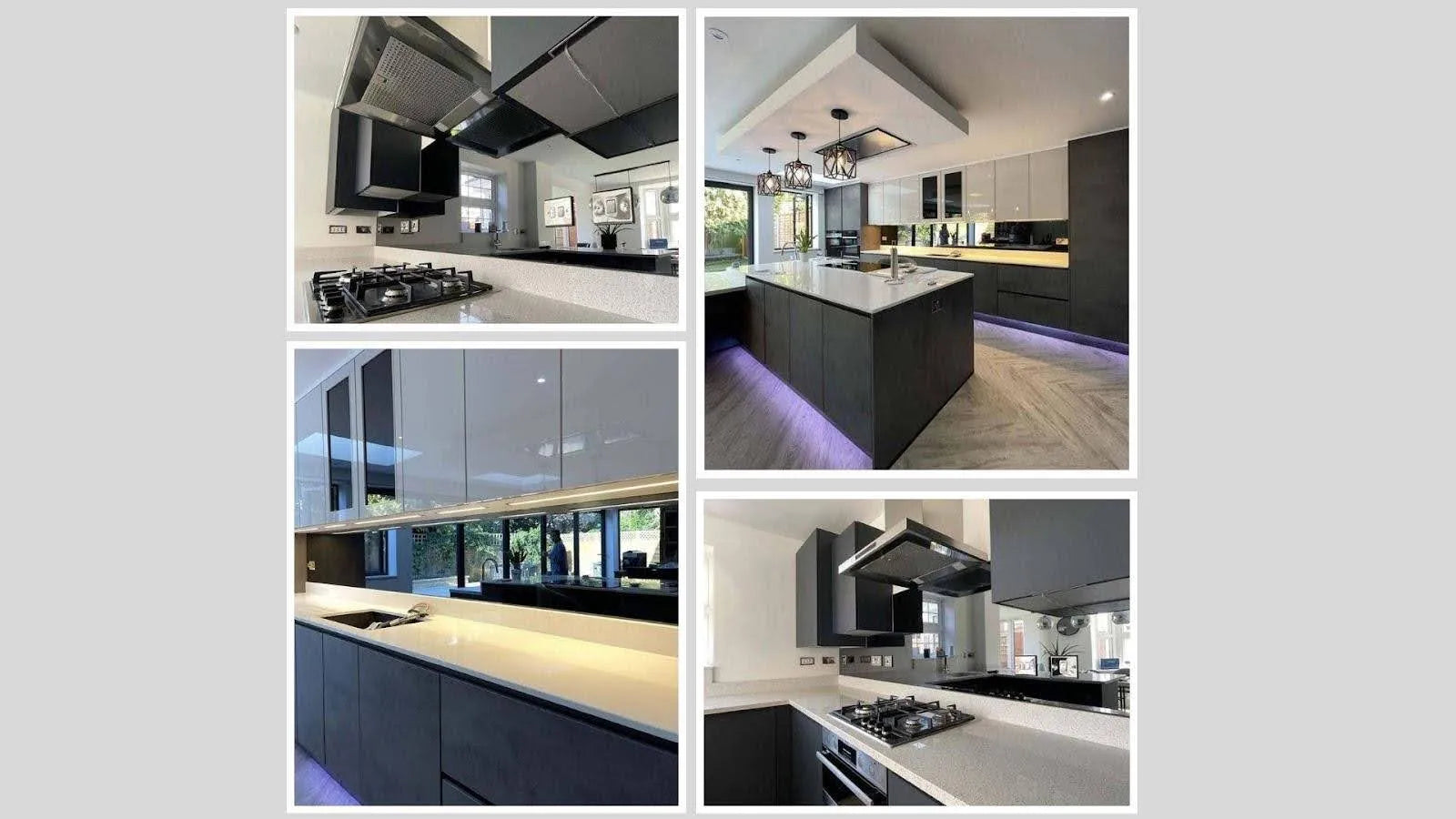 Modern luxury kitchen with sleek glass backsplash, LED lighting, and bespoke glass features for residential design