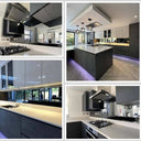 Modern kitchen designs with sleek glass splashbacks, island lighting, and premium finishes for London homes