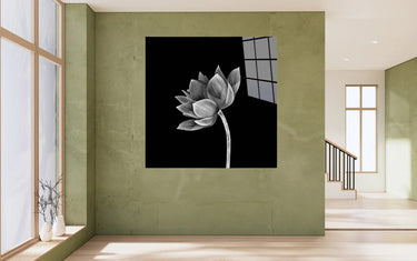 Bespoke decorative glass wall art featuring a monochrome lotus flower, ideal for luxury residential interiors.