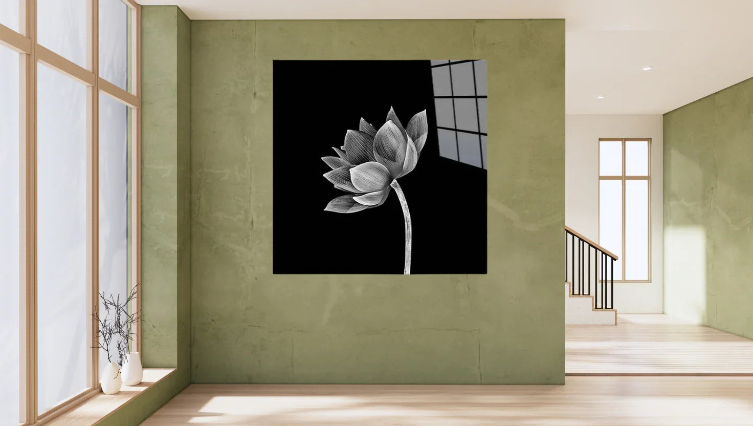 Bespoke decorative glass wall art featuring a monochrome lotus flower, ideal for luxury residential interiors.