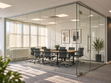 Concept visual of a frameless office glass partition meeting room with full-height clear glazing