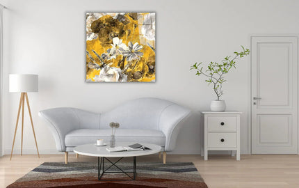 Bespoke decorative glass wall art with floral design in gold and white, enhancing modern living room decor