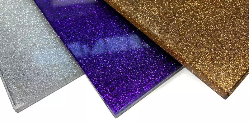 Sparkling silver, purple, and gold decorative glass panels for luxury interiors and bespoke architectural projects.