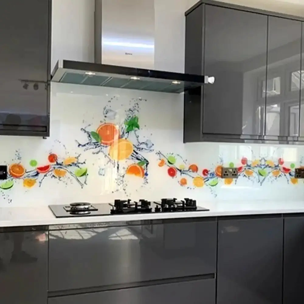 Bespoke kitchen splashback with vibrant fruit and water splash design on glass