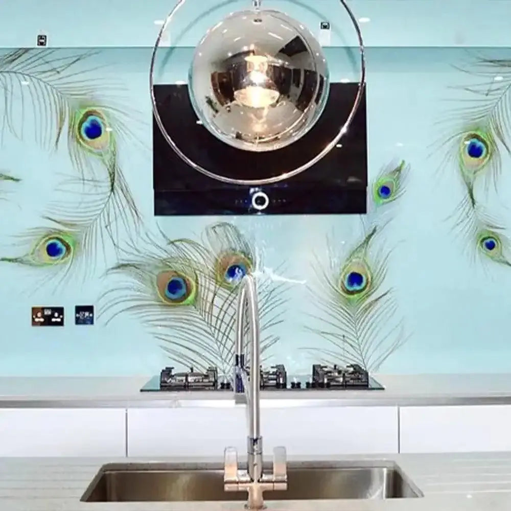 Peacock feather design decorative glass backsplash in modern kitchen with LED lighting