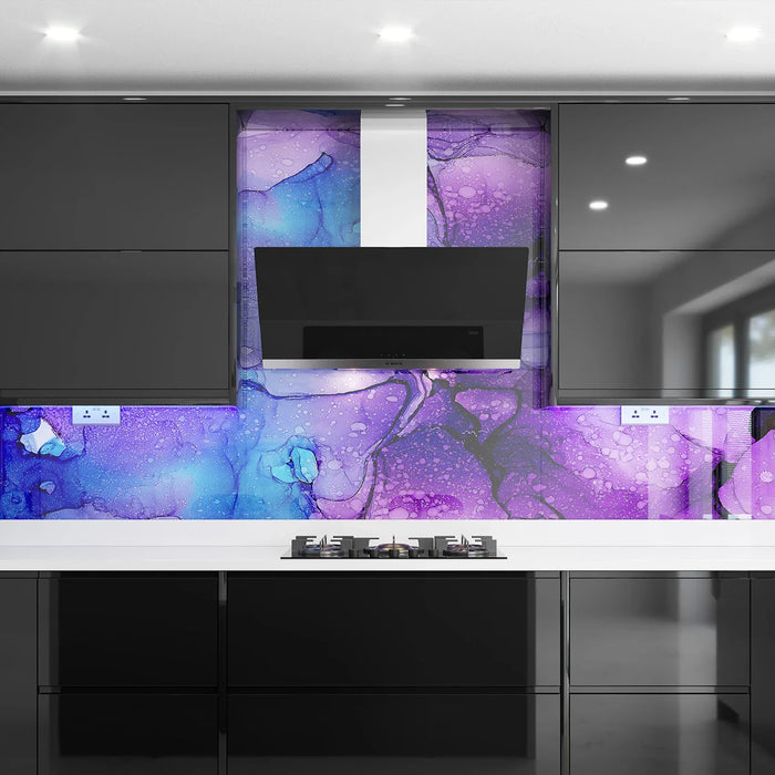 Bespoke purple and blue abstract glass splashback in modern kitchen with black cabinets