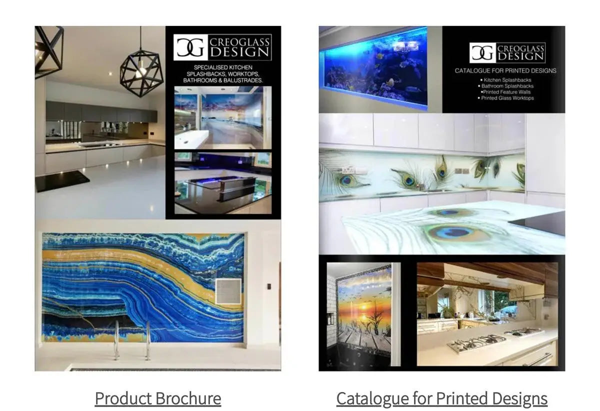 Bespoke printed glass splashbacks & feature walls for kitchens and bathrooms, showcasing vibrant designs and modern installations.