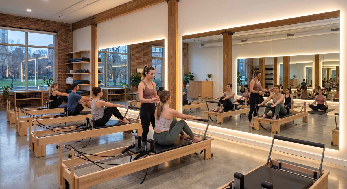 LED backlit feature mirror in modern gym with treadmills and brick walls