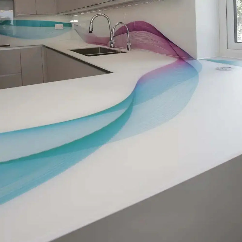 Bespoke glass kitchen countertop with wave design in blue and purple, modern luxury interior