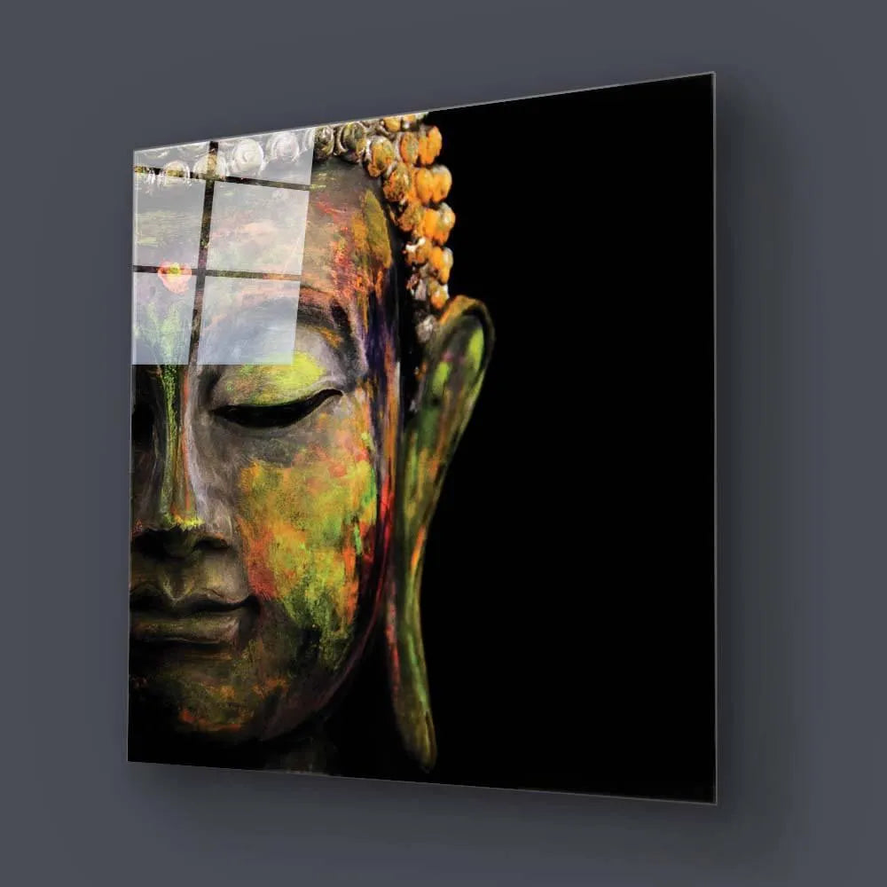 Buddha face art on decorative glass panel, colorful abstract design for modern interior walls
