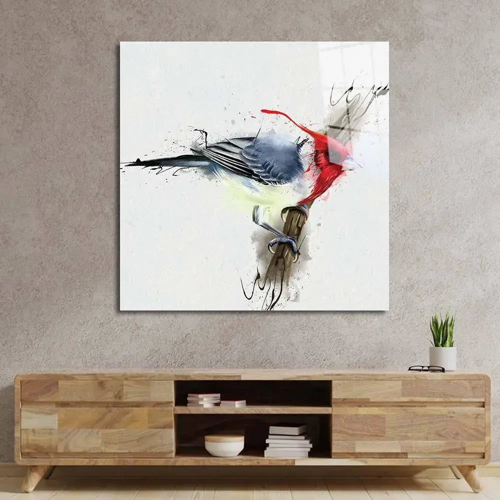 Abstract bird wall art with red and grey feathers, displayed above modern wooden console in living room