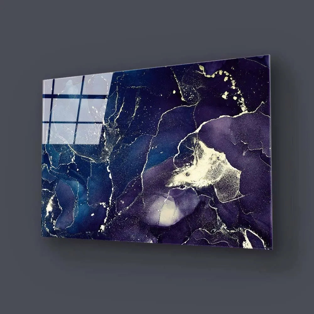 Bespoke decorative glass panel with deep blue and purple marble effect and gold veining, ideal for luxury interiors.