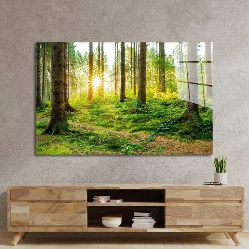 Bespoke forest scene glass wall art with sunlit trees, ideal for luxury residential interiors