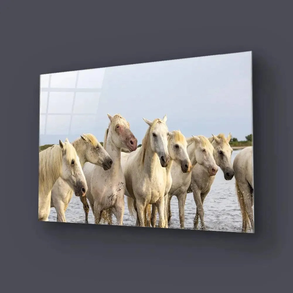 Bespoke glass wall art featuring white horses in water, ideal for luxury residential or commercial spaces.
