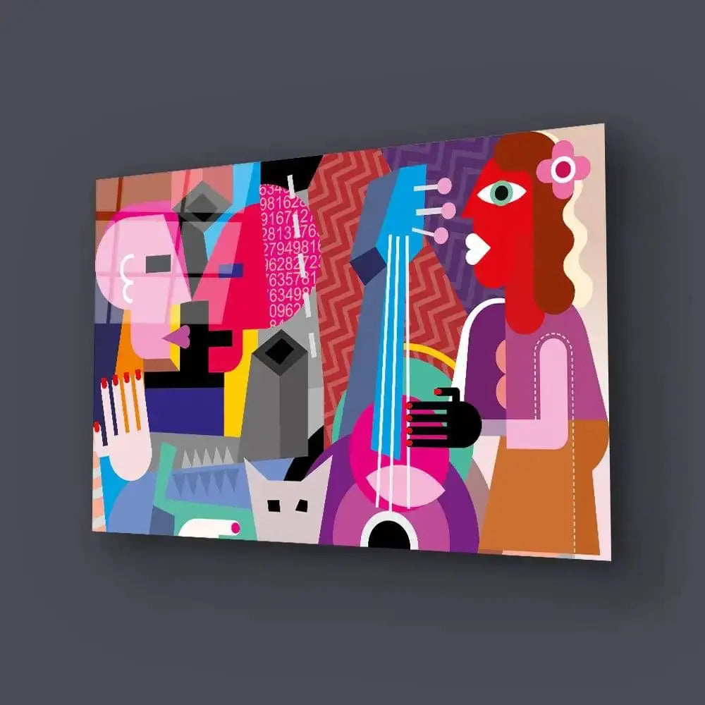 Vibrant abstract art print with geometric figures, guitar, and bold colors for modern wall decor