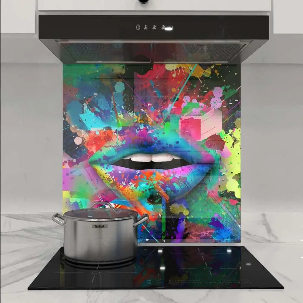 Vibrant abstract lips glass splashback in modern kitchen, colorful artistic design for bespoke interiors