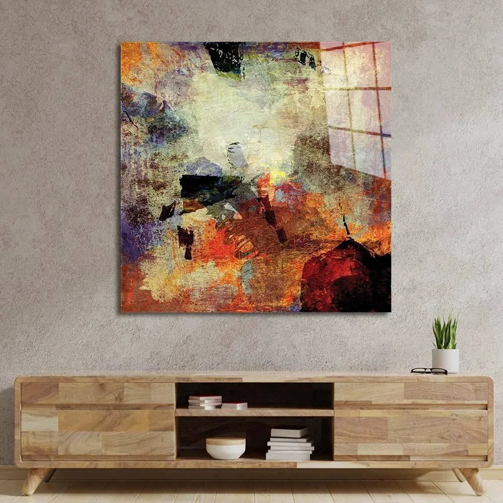Abstract wall art with vibrant colors above modern wooden console in contemporary living space