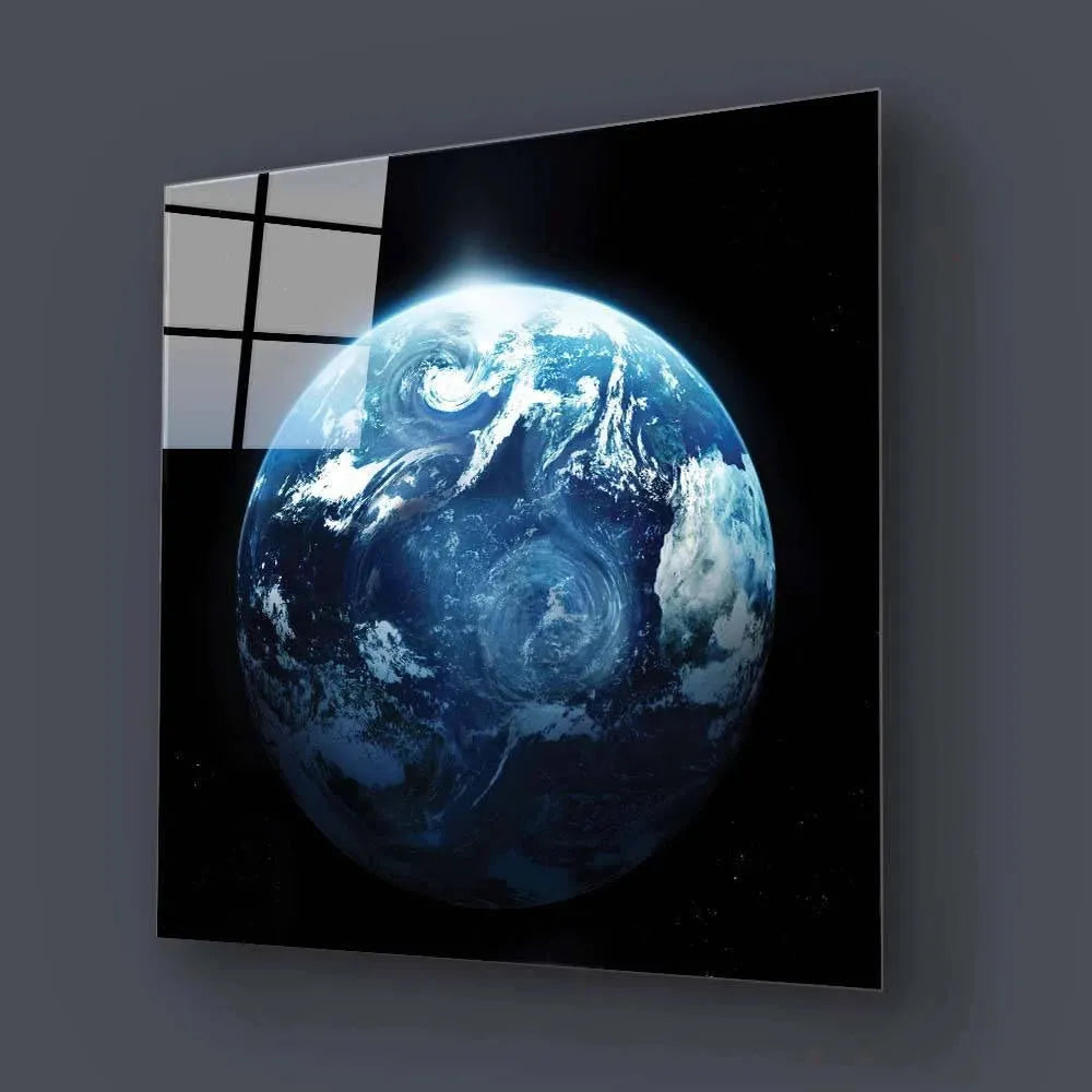 Bespoke decorative glass wall art featuring Earth from space, ideal for luxury residential or commercial interiors.