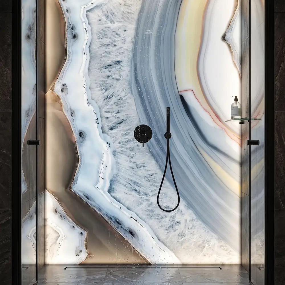 Bespoke LED backlit agate-effect glass shower feature