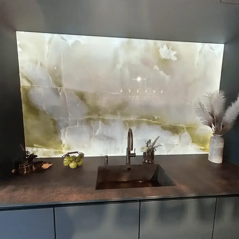 "White Onyx" - LED Backlit Glass Splashback - Bespoke - CreoGlass®