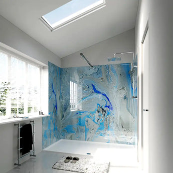 Modern bathroom with abstract blue and white wall design