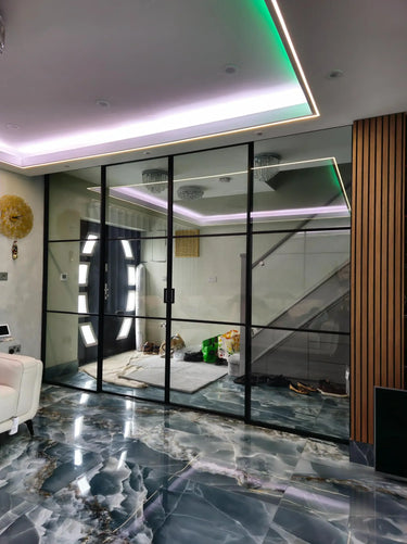 Studio Grid – Double Sliding Glass Door with Two Side Panels – PMF - CreoGlass®