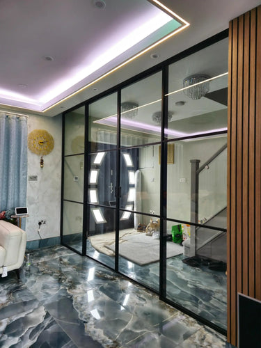 Studio Grid – Double Sliding Glass Door with Two Side Panels – PMF - CreoGlass®