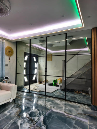 Studio Grid – Double Sliding Glass Door with Two Side Panels – PMF - CreoGlass®