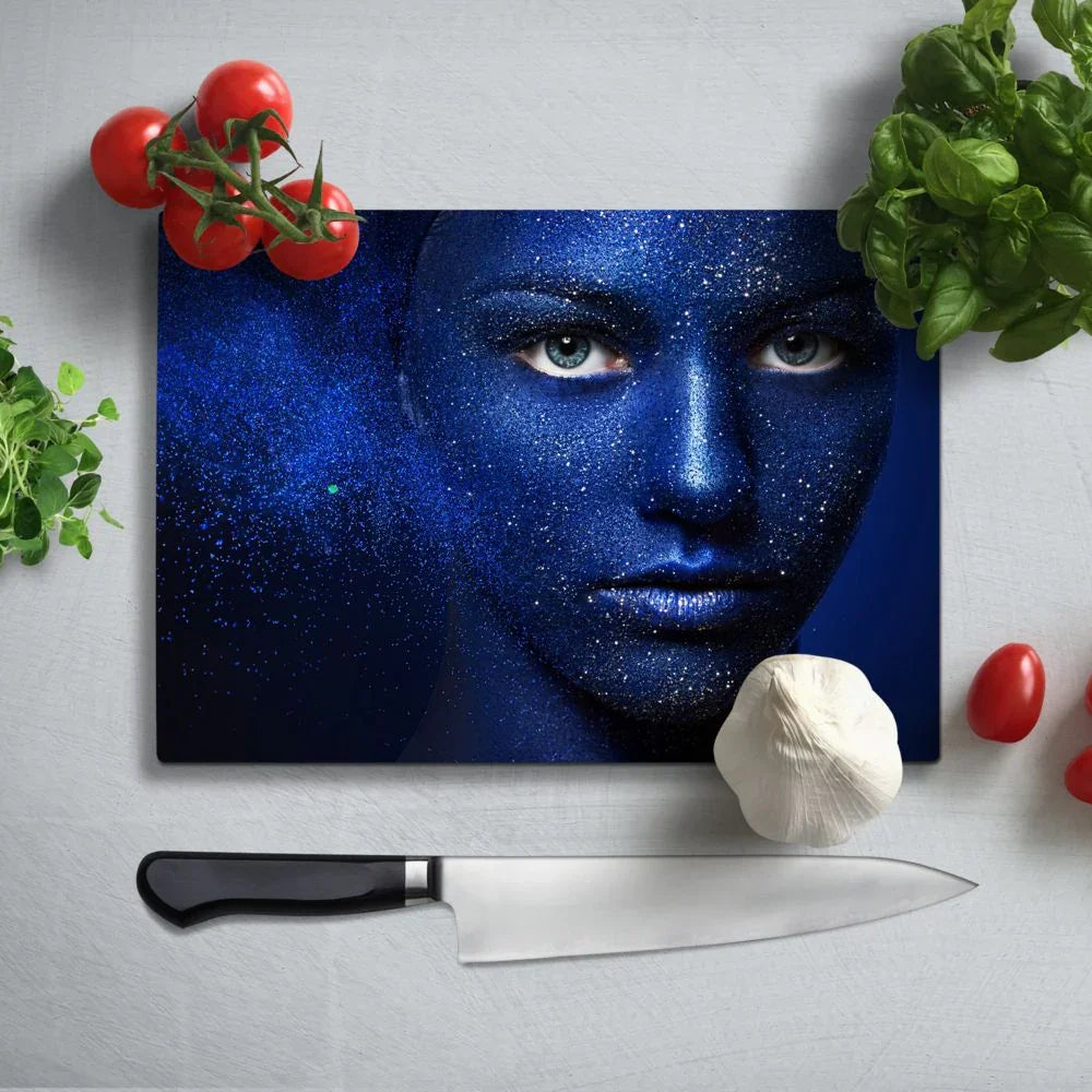 Blue Face Woman Glass Chopping Board and Worktop - CreoGlass®