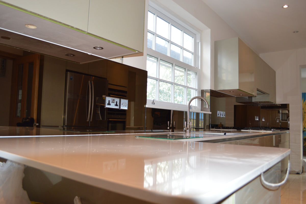 Bespoke kitchen glass splashback installed in a modern London kitchen