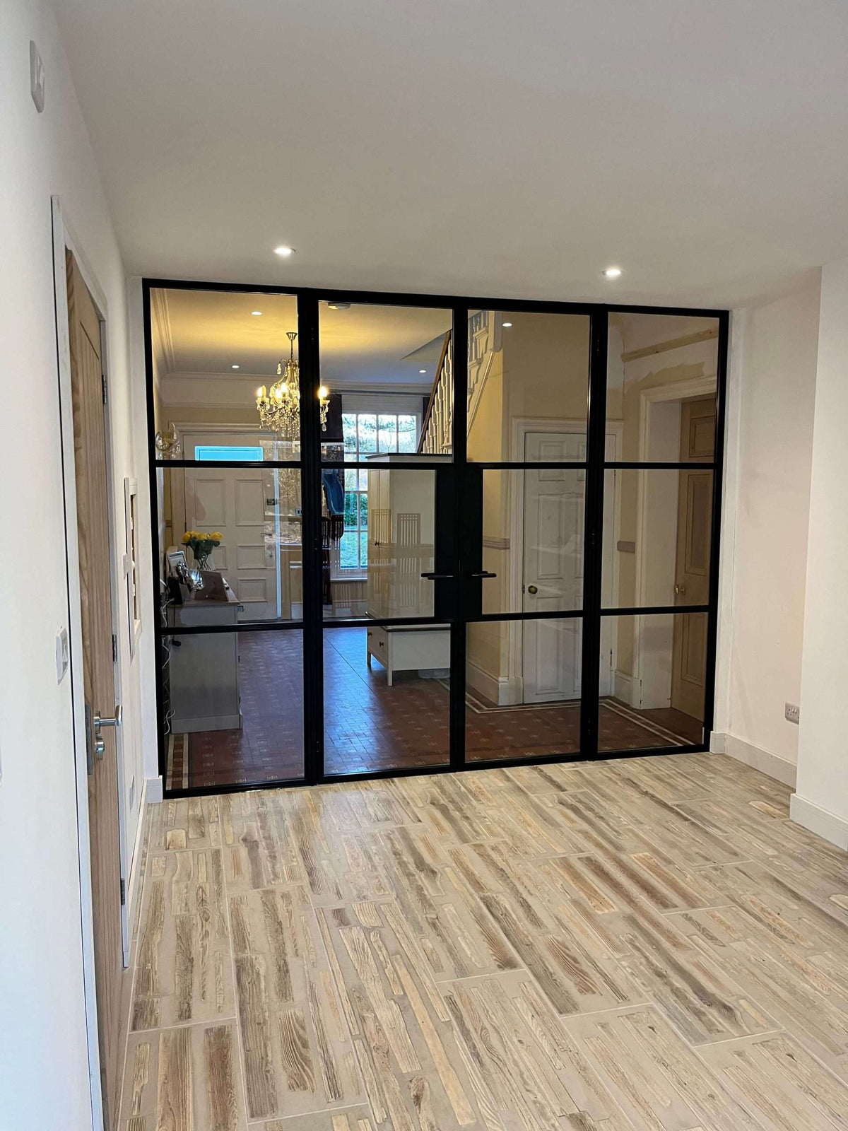 Lumi Grid – Double Hinged Glass Door with 2 side panels, Knob and Frame – internal steel and glass door, photo 3