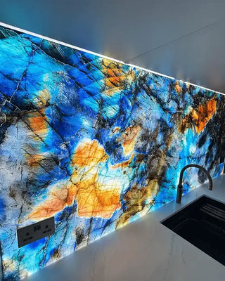 "Lemurian Blue" - LED Backlit Glass Splashback - Bespoke - CreoGlass®
