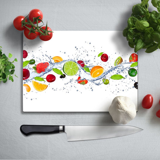 Flying Fruits in Water Glass Chopping Board and Worktop