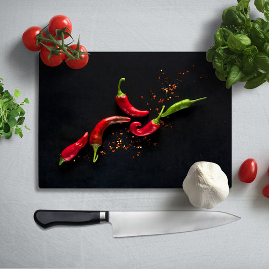 Flying Red Chillies Glass Chopping Board and Worktop
