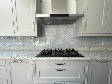 Herringbone Grey Printed Glass Splashback - Bespoke - CreoGlass®