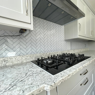 Herringbone Grey Printed Glass Splashback - Bespoke - CreoGlass®
