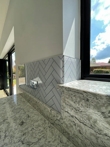 Herringbone Grey Printed Glass Splashback - Bespoke - CreoGlass®