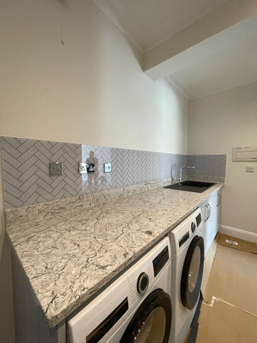 Herringbone Grey Printed Glass Splashback - Bespoke - CreoGlass®